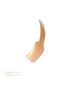 Ön bölge diş restorasyonları için tasarlanmış, 8 mm genişliğinde ve 6 mm yüksekliğinde, x-y-z düzlemlerinde anatomik kavis verilmiş bakır renkli Golddent GD Bakır Spoon Matrix bandı