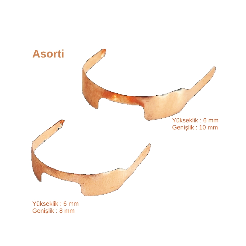 Ön bölge diastema restorasyonları için farklı boyutlarda (8 mm ve 10 mm) her birinden 25'er adet bulunan, toplam 50 adet çift kanatlı (twin) ve anatomik kavisli bakır renkli Golddent GD Bakır Twin Spoon Matrix bandı seti