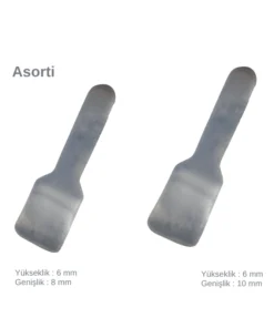 Ön bölge restorasyonları için 8 mm ve 10 mm genişliklerinde 50'şer adet olmak üzere toplam 100 adet üç eksende şekillendirilmiş gümüş renkli paslanmaz çelik Golddent GD Çelik Spoon Matrix bandı seti