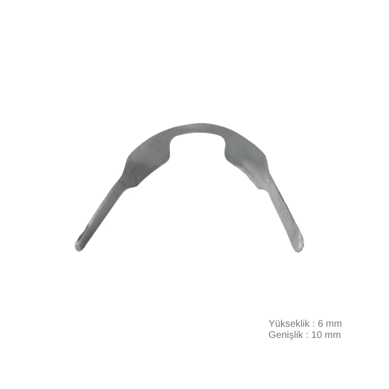Ön bölge geniş diastema kapama kaviteleri için üretilmiş, 10 mm genişliğinde ve 6 mm yüksekliğinde, deformasyonu engelleyen çift kanatlı (twin) ve üç boyutlu anatomik kavisli gümüş renkli paslanmaz çelik Golddent GD Çelik Twin Spoon Matrix bandı