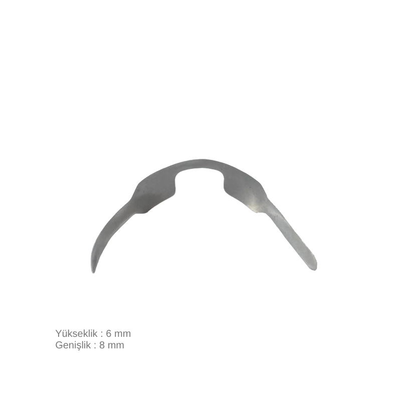 Ön bölge diastema kapama restorasyonları için tasarlanmış, 8 mm genişliğinde ve 6 mm yüksekliğinde, çift kanatlı (twin) ve x-y-z düzlemlerinde anatomik forma sahip gümüş renkli paslanmaz çelik Golddent GD Çelik Twin Spoon Matrix bandı