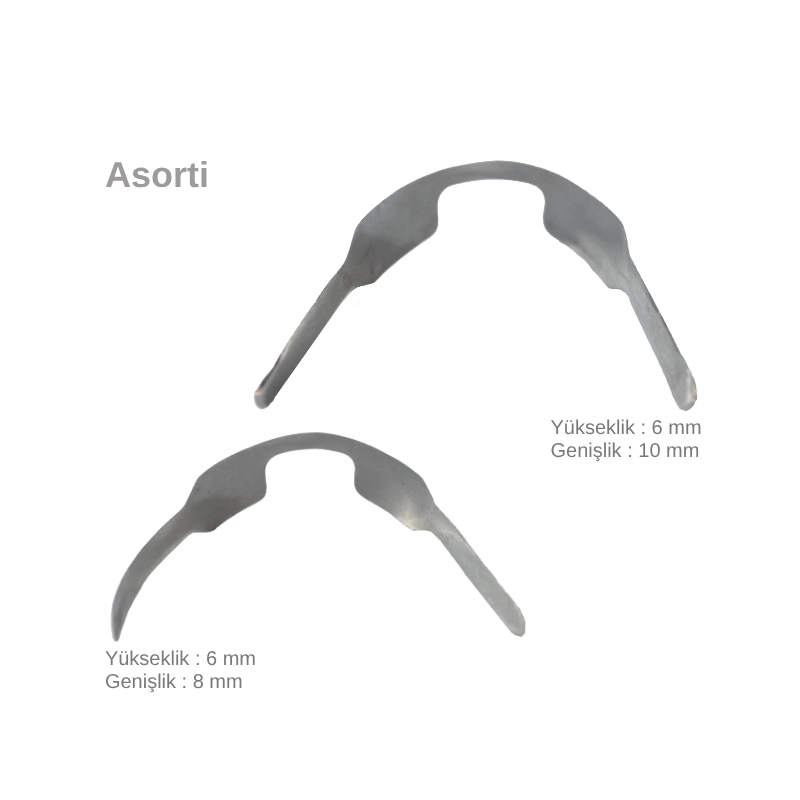 Ön bölge diastema restorasyonları için 8 mm ve 10 mm genişliklerinde 25'er adet olmak üzere toplam 50 adet çift kanatlı (twin) ve üç eksende şekillendirilmiş gümüş renkli paslanmaz çelik Golddent GD Çelik Twin Spoon Matrix bandı seti