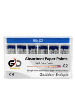 Golddent Absorbent Paper Points .02 Taper serisi, kök kanal tedavisinin obturasyon öncesi kurutma aşamasında kullanılan, yüksek emiciliğe sahip saf selüloz materyaldir. Nemli ortamda dahi sertliğini koruyan (boyutsal stabilite) ve lif bırakmayan (lintless) yapısı ile kanalın apikal bölgesine kadar güvenle ilerleyerek tam kuruluk sağlar.
