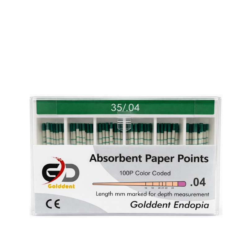 Golddent Absorbent Paper Points .04 Taper serisi, döner (rotary) eğe sistemleri ile şekillendirilmiş kanalların kurutulması için özel açılı olarak üretilmiştir. Yüksek emiciliğe sahip saf selüloz yapısı, kanal duvarlarına tam temas ederek nemi hızla uzaklaştırır ve sızdırmaz bir dolum için ideal zemin hazırlar. Lif bırakmayan (lintless), milimetrik işaretli ve boyutsal stabilitesi yüksek bu konlar, klinik güvenliği ve başarıyı artırır