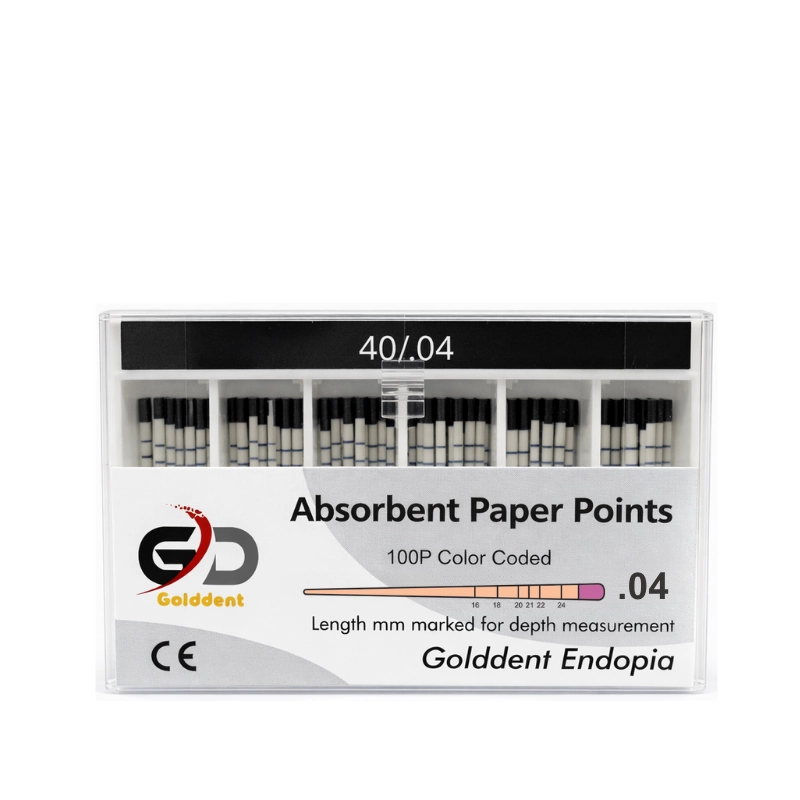 Golddent Absorbent Paper Points .04 Taper serisi, döner (rotary) eğe sistemleri ile şekillendirilmiş kanalların kurutulması için özel açılı olarak üretilmiştir. Yüksek emiciliğe sahip saf selüloz yapısı, kanal duvarlarına tam temas ederek nemi hızla uzaklaştırır ve sızdırmaz bir dolum için ideal zemin hazırlar. Lif bırakmayan (lintless), milimetrik işaretli ve boyutsal stabilitesi yüksek bu konlar, klinik güvenliği ve başarıyı artırır