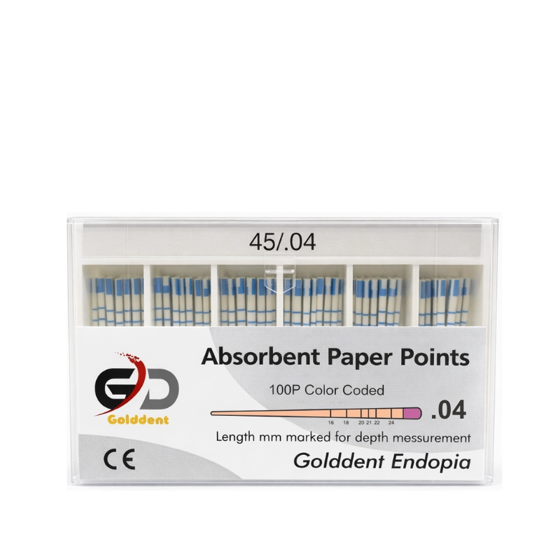 Golddent Absorbent Paper Points .04 Taper serisi, döner (rotary) eğe sistemleri ile şekillendirilmiş kanalların kurutulması için özel açılı olarak üretilmiştir. Yüksek emiciliğe sahip saf selüloz yapısı, kanal duvarlarına tam temas ederek nemi hızla uzaklaştırır ve sızdırmaz bir dolum için ideal zemin hazırlar. Lif bırakmayan (lintless), milimetrik işaretli ve boyutsal stabilitesi yüksek bu konlar, klinik güvenliği ve başarıyı artırır