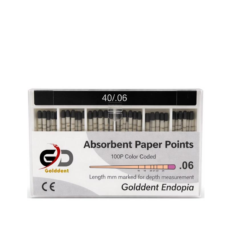 Golddent Absorbent Paper Points .06 Taper serisi, geniş açılı (.06) döner eğe sistemleri ile şekillendirilmiş kanalların kurutulması için özel olarak üretilmiştir. Yüksek emiciliğe sahip, lif bırakmayan ve nemli ortamda sertliğini koruyan yapısı ile kanal boyuna kadar güvenle ilerleyerek tam kuruluk sağlar. Milimetrik uzunluk işaretleri sayesinde çalışma boyu kontrolünü kolaylaştırır ve sızdırmaz bir dolum için ideal zemin hazırlar