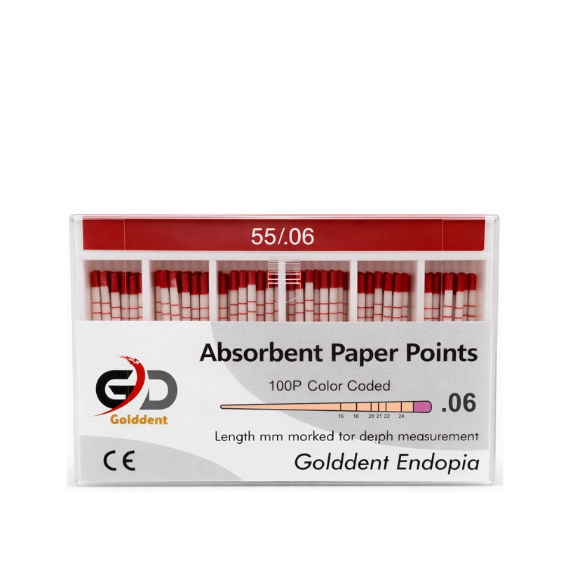 Golddent Absorbent Paper Points .06 Taper serisi, geniş açılı (.06) döner eğe sistemleri ile şekillendirilmiş kanalların kurutulması için özel olarak üretilmiştir. Yüksek emiciliğe sahip, lif bırakmayan ve nemli ortamda sertliğini koruyan yapısı ile kanal boyuna kadar güvenle ilerleyerek tam kuruluk sağlar. Milimetrik uzunluk işaretleri sayesinde çalışma boyu kontrolünü kolaylaştırır ve sızdırmaz bir dolum için ideal zemin hazırlar