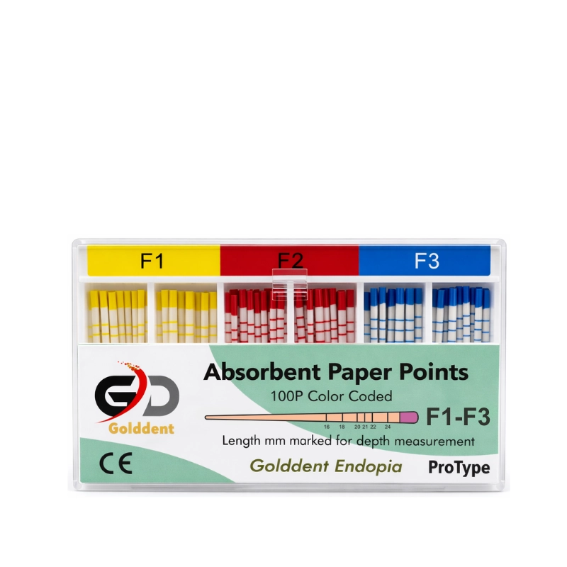 Golddent Absorbent Paper Points F Serisi, ProTaper Universal ve ProTaper Gold gibi değişken açılı (variable taper) döner eğe sistemleri ile şekillendirilmiş kanalların kurutulması için özel olarak üretilmiştir. Yüksek emiciliğe sahip, lif bırakmayan ve milimetrik işaretli yapısı ile kanalın apikal bölgesine kadar tam uyum sağlayarak nemi hızla uzaklaştırır. Steril ambalajı ve sisteme özel renk kodlu (F1, F2, F3...) tasarımı sayesinde klinik güvenliği artırır ve sızdırmaz bir dolum için ideal zemin hazırlar