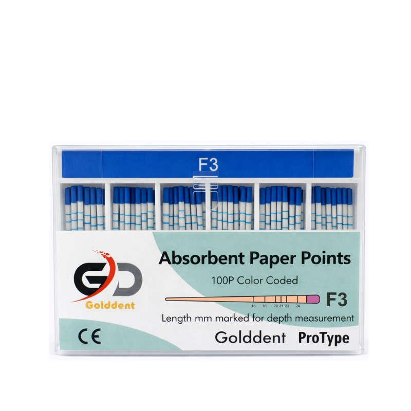 Golddent Absorbent Paper Points F Serisi, ProTaper Universal ve ProTaper Gold gibi değişken açılı (variable taper) döner eğe sistemleri ile şekillendirilmiş kanalların kurutulması için özel olarak üretilmiştir. Yüksek emiciliğe sahip, lif bırakmayan ve milimetrik işaretli yapısı ile kanalın apikal bölgesine kadar tam uyum sağlayarak nemi hızla uzaklaştırır. Steril ambalajı ve sisteme özel renk kodlu (F1, F2, F3...) tasarımı sayesinde klinik güvenliği artırır ve sızdırmaz bir dolum için ideal zemin hazırlar
