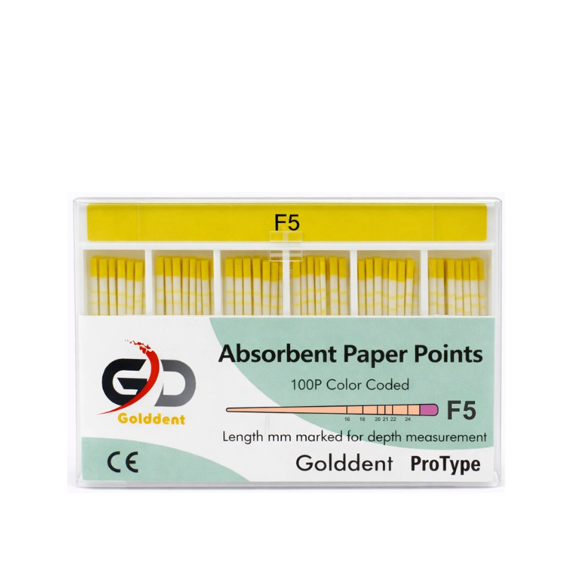 Golddent Absorbent Paper Points F Serisi, ProTaper Universal ve ProTaper Gold gibi değişken açılı (variable taper) döner eğe sistemleri ile şekillendirilmiş kanalların kurutulması için özel olarak üretilmiştir. Yüksek emiciliğe sahip, lif bırakmayan ve milimetrik işaretli yapısı ile kanalın apikal bölgesine kadar tam uyum sağlayarak nemi hızla uzaklaştırır. Steril ambalajı ve sisteme özel renk kodlu (F1, F2, F3...) tasarımı sayesinde klinik güvenliği artırır ve sızdırmaz bir dolum için ideal zemin hazırlar