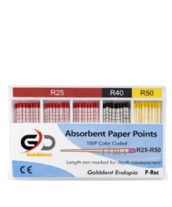 Golddent Absorbent Paper Points R Serisi, Reciproc gibi resiprokal hareket eden tek eğe sistemleri (Single File Systems) ile şekillendirilmiş kanalların kurutulması için özel olarak üretilmiştir. R25, R40 ve R50 boyut seçenekleri, kanal formuna birebir adapte olarak yüksek emicilik kapasitesiyle nemi hızla uzaklaştırır ve güvenli bir obturasyon zemini hazırlar. Lif bırakmayan (lintless), steril ve milimetrik işaretli yapısı sayesinde klinik güvenliği artırır, kanal duvarlarında artık bırakmadan tam kuruluk sağlar