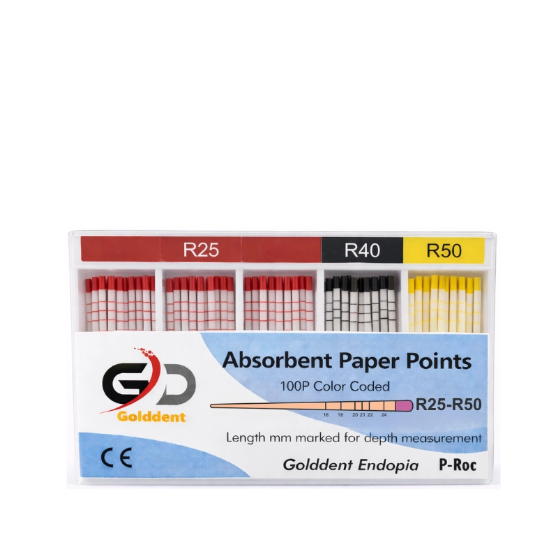 Golddent Absorbent Paper Points R Serisi, Reciproc gibi resiprokal hareket eden tek eğe sistemleri (Single File Systems) ile şekillendirilmiş kanalların kurutulması için özel olarak üretilmiştir. R25, R40 ve R50 boyut seçenekleri, kanal formuna birebir adapte olarak yüksek emicilik kapasitesiyle nemi hızla uzaklaştırır ve güvenli bir obturasyon zemini hazırlar. Lif bırakmayan (lintless), steril ve milimetrik işaretli yapısı sayesinde klinik güvenliği artırır, kanal duvarlarında artık bırakmadan tam kuruluk sağlar