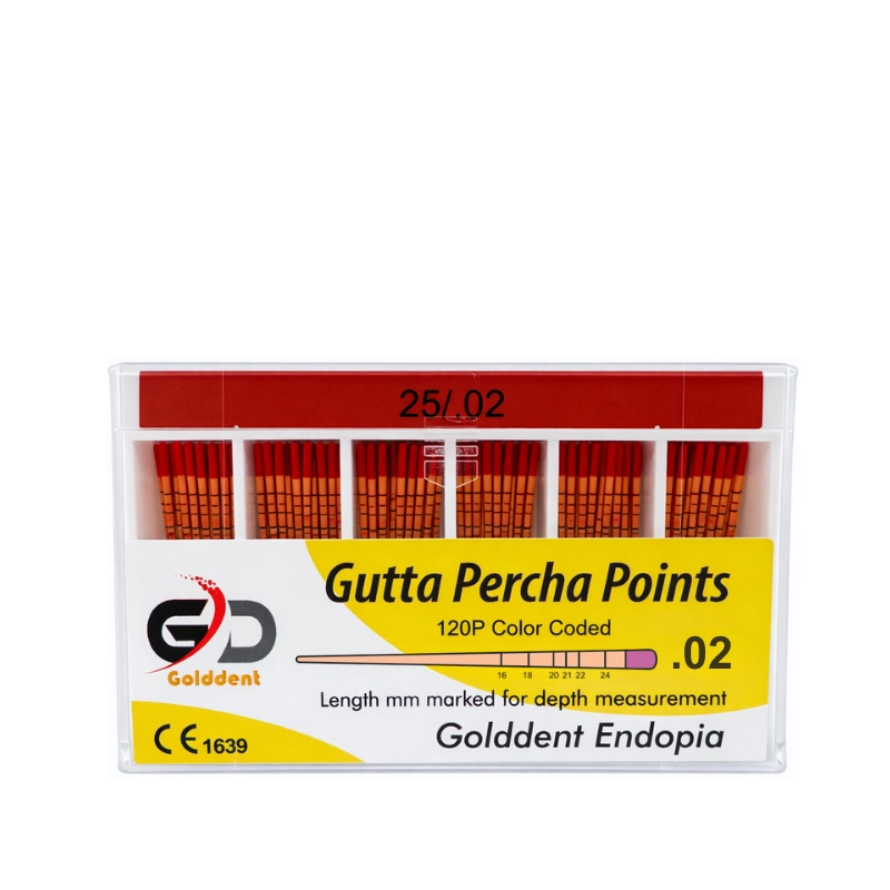 Golddent Gutta Percha Points .02 Taper serisi, kök kanal tedavisinin obturasyon (dolum) aşamasında "Lateral Kompaksiyon" tekniği ile kullanılmak üzere standart ISO boyutlarında üretilmiş biyouyumlu dolgu materyalleridir. Radyopasitesi yüksek ve boyutsal stabilitesi mükemmel olan bu konlar, kanal patları ile birlikte kullanıldığında apikalden koronale sızdırmaz bir tıkaç oluşturarak tedavinin başarısını artırır. Esnek yapısı sayesinde kavisli kanallara kolayca adapte olur, doku dostudur ve retreatment (yenileme) gerektiğinde kanaldan kolayca uzaklaştırılabilir