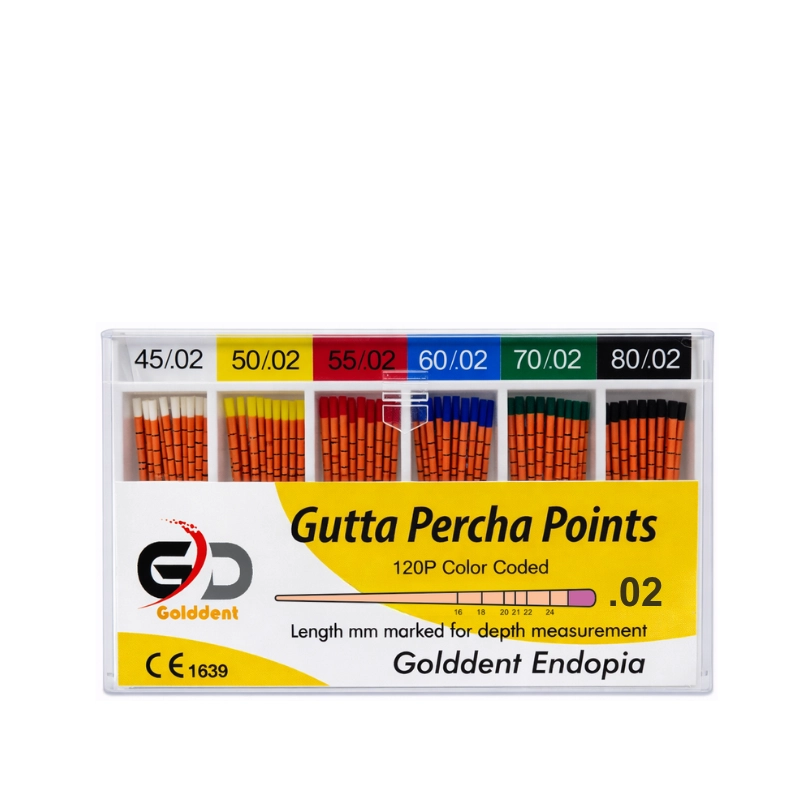 Golddent Gutta Percha Points .02 Taper serisi, kök kanal tedavisinin obturasyon (dolum) aşamasında "Lateral Kompaksiyon" tekniği ile kullanılmak üzere standart ISO boyutlarında üretilmiş biyouyumlu dolgu materyalleridir. Radyopasitesi yüksek ve boyutsal stabilitesi mükemmel olan bu konlar, kanal patları ile birlikte kullanıldığında apikalden koronale sızdırmaz bir tıkaç oluşturarak tedavinin başarısını artırır. Esnek yapısı sayesinde kavisli kanallara kolayca adapte olur, doku dostudur ve retreatment (yenileme) gerektiğinde kanaldan kolayca uzaklaştırılabilir
