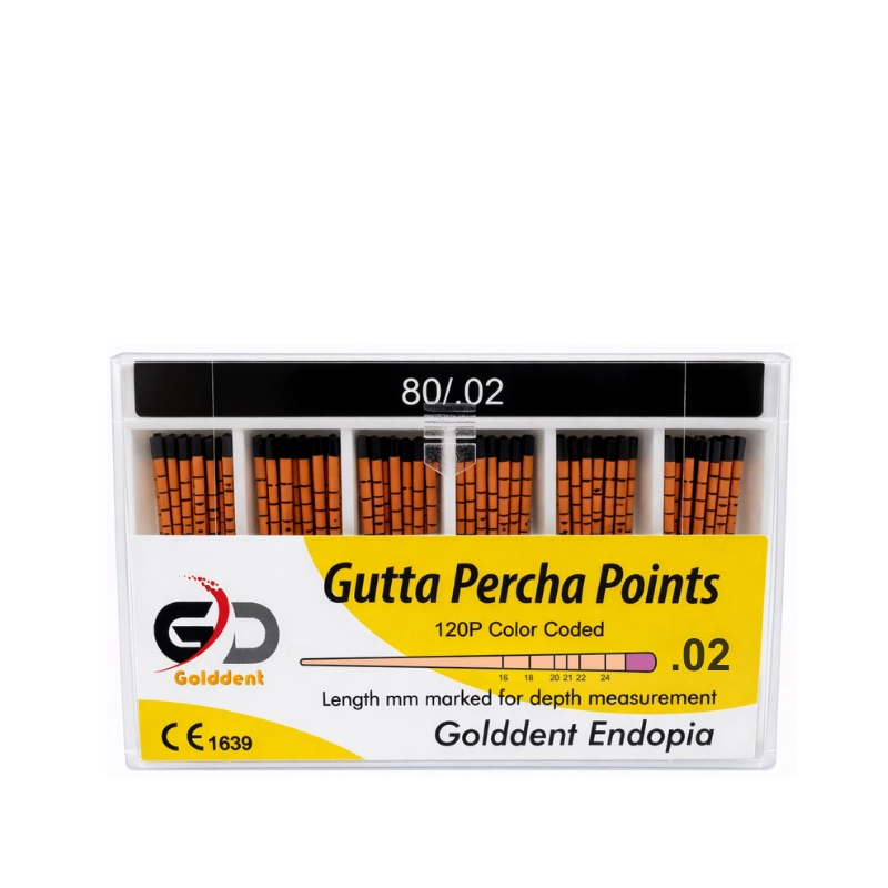 Golddent Gutta Percha Points .02 Taper serisi, kök kanal tedavisinin obturasyon (dolum) aşamasında "Lateral Kompaksiyon" tekniği ile kullanılmak üzere standart ISO boyutlarında üretilmiş biyouyumlu dolgu materyalleridir. Radyopasitesi yüksek ve boyutsal stabilitesi mükemmel olan bu konlar, kanal patları ile birlikte kullanıldığında apikalden koronale sızdırmaz bir tıkaç oluşturarak tedavinin başarısını artırır. Esnek yapısı sayesinde kavisli kanallara kolayca adapte olur, doku dostudur ve retreatment (yenileme) gerektiğinde kanaldan kolayca uzaklaştırılabilir