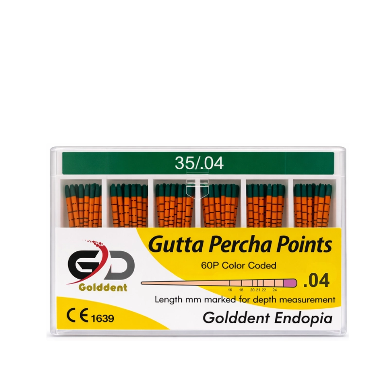 Golddent Gutta Percha Points .04 Taper serisi, modern döner (rotary) eğe sistemleri ile şekillendirilmiş kök kanallarına mükemmel uyum sağlamak için özel açılı olarak üretilmiştir. Biyouyumlu ve yüksek radyopasiteye sahip bu konlar, milimetrik uzunluk işaretleri sayesinde çalışma boyunu hassas bir şekilde kontrol etmenize yardımcı olur. Esnek yapısı ile kavisli kanallarda dahi apikalden koronale sızdırmaz bir tıkaç oluşturarak tedavinin başarısını artırır