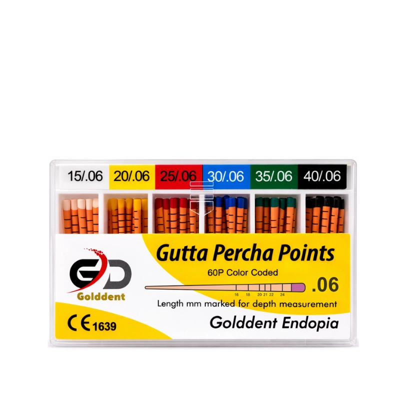 Golddent Gutta Percha Points .06 Taper serisi, modern geniş açılı döner (rotary) eğe sistemleri ile şekillendirilmiş kök kanallarına mükemmel uyum sağlamak için özel olarak üretilmiştir. Biyouyumlu ve yüksek radyopasiteye sahip bu konlar, milimetrik uzunluk işaretleri sayesinde çalışma boyunu hassas bir şekilde kontrol etmenize yardımcı olur. Genişleyen kanal yapısına tam adapte olan esnek yapısı ile apikalden koronale sızdırmaz bir tıkaç oluşturarak tedavinin başarısını artırır