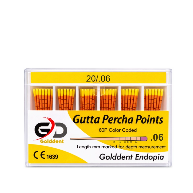Golddent Gutta Percha Points .06 Taper serisi, modern geniş açılı döner (rotary) eğe sistemleri ile şekillendirilmiş kök kanallarına mükemmel uyum sağlamak için özel olarak üretilmiştir. Biyouyumlu ve yüksek radyopasiteye sahip bu konlar, milimetrik uzunluk işaretleri sayesinde çalışma boyunu hassas bir şekilde kontrol etmenize yardımcı olur. Genişleyen kanal yapısına tam adapte olan esnek yapısı ile apikalden koronale sızdırmaz bir tıkaç oluşturarak tedavinin başarısını artırır