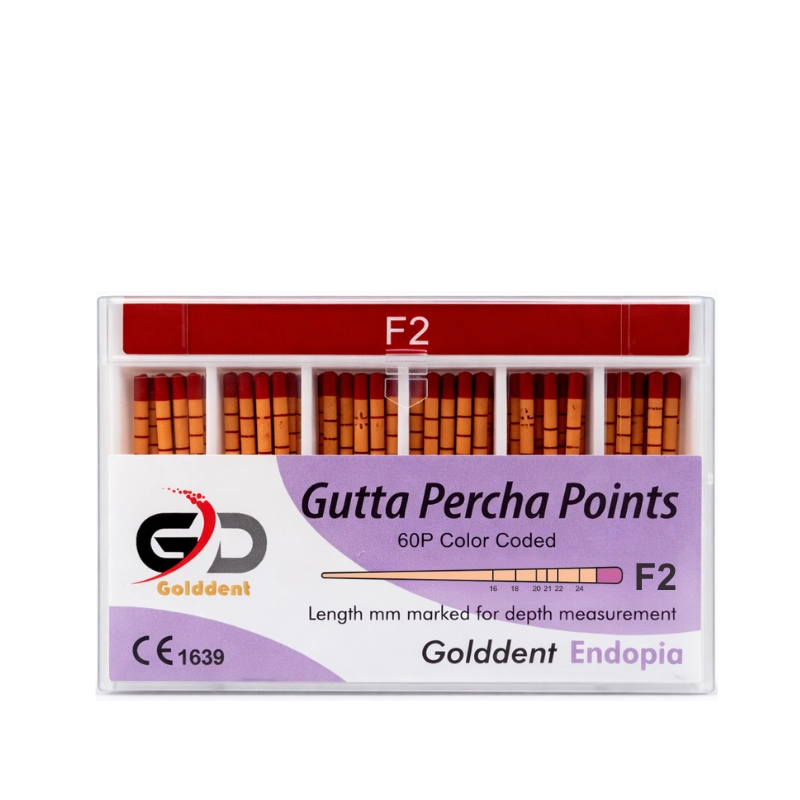 Golddent Gutta Percha Points F Serisi, ProTaper Universal ve ProTaper Gold gibi değişken açılı (variable taper) döner eğe sistemleri ile şekillendirilmiş kanallara birebir uyum sağlamak için özel olarak üretilmiştir. F1, F2, F3, F4 ve F5 gibi sisteme özel kodlanmış boyutları sayesinde, ek bir düzenleme gerektirmeden kanal duvarlarına tam temas ederek apikal sızdırmazlığı garanti eder. Biyouyumlu yapısı, yüksek radyopasitesi ve doku dostu özellikleri ile güvenli ve hızlı bir obturasyon (kanal dolumu) sunar