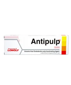 Longly marka Antipulp 1g arseniksiz endodontik pulpa devitalizanı şırıngası. Diş hekimliği için mavi renkli krem formunda, hızlı etkili pulpa inaktivasyon ajanı.