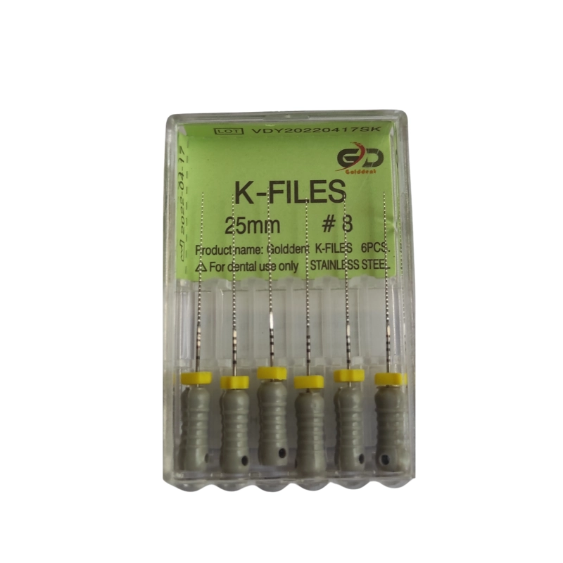 Golddent markasına ait, dar kök kanallarının araştırılması ve güvenli rehber yolun (glide path) oluşturulması amacıyla kullanılan, paslanmaz çelikten üretilmiş 25 mm uzunluğunda 08 numara gri renk kodlu manuel kanal eğesi kutu görseli.