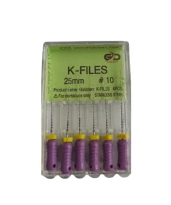 Golddent markasına ait, kök kanallarının ilk eksplorasyonu (araştırılması) ve rehber yolun genişletilmesi amacıyla temel enstrüman olarak kullanılan, 25 mm uzunluğunda 10 numara mor renk kodlu manuel kanal eğesi kutu görseli.