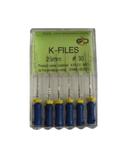 Golddent markasına ait, kök kanallarının ileri düzey şekillendirme ve apikal genişletme işlemlerinde kullanılan, 25 mm uzunluğunda 30 numara mavi renk kodlu manuel kanal eğesi kutu görseli.