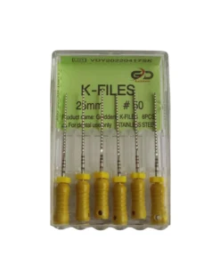 Golddent markasına ait, geniş kök kanallarının ileri düzey apikal genişletme preparasyonlarında kullanılan, paslanmaz çelikten üretilmiş 25 mm uzunluğunda 50 numara sarı renk kodlu manuel kanal eğesi kutu görseli.