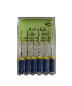 Golddent markasına ait, ekstra geniş kök kanallarının ileri apikal genişletilmesi sürecinde yüksek kesme yeteneği için kullanılan, 25 mm uzunluğunda 60 numara mavi renk kodlu manuel kanal eğesi kutu görseli.