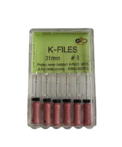 Golddent markasına ait, 31 mm ekstra uzunluğu sayesinde derin ve kalsifiye kök kanallarının en uç noktalarında araştırma yapmak amacıyla kullanılan, 06 numara pembe renk kodlu K-Files manuel kanal eğesi kutu görseli.