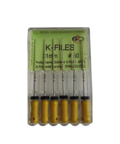 Golddent markasına ait, uzun ve geniş formlu kök kanallarının ileri düzey şekillendirilmesinde yüksek dirençle çalışan, 31 mm uzunluğunda 50 numara sarı renk kodlu K-Files manuel kanal eğesi kutu görseli.