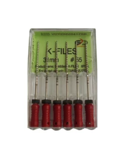 Golddent markasına ait, standart boyların ulaşamadığı derin ve büyük kök kanallarının güçlü şekilde genişletilmesi amacıyla kullanılan, 31 mm uzunluğunda 55 numara kırmızı renk kodlu K-Files manuel kanal eğesi kutu görseli.