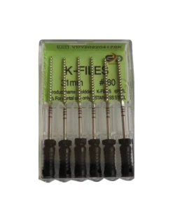 Golddent markasına ait, ortalama uzunluğun üzerindeki çok geniş kanallarda maksimum şekillendirme gücü ve apikal genişletme elde etmek için kullanılan, 31 mm uzunluğunda 80 numara siyah renk kodlu manuel kanal eğesi kutu görseli.