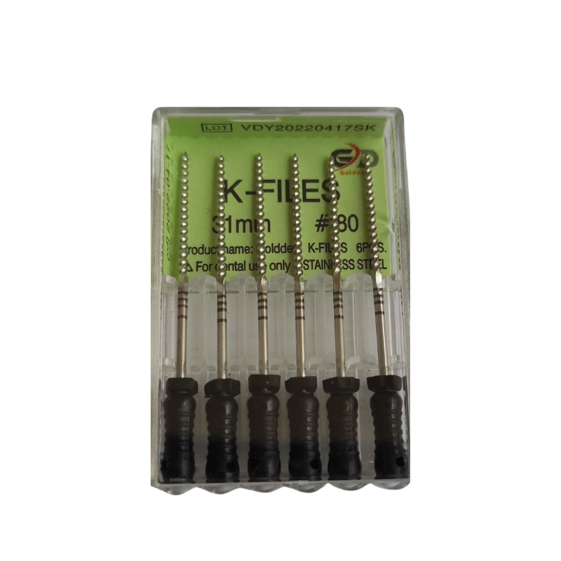 Golddent markasına ait, ortalama uzunluğun üzerindeki çok geniş kanallarda maksimum şekillendirme gücü ve apikal genişletme elde etmek için kullanılan, 31 mm uzunluğunda 80 numara siyah renk kodlu manuel kanal eğesi kutu görseli.