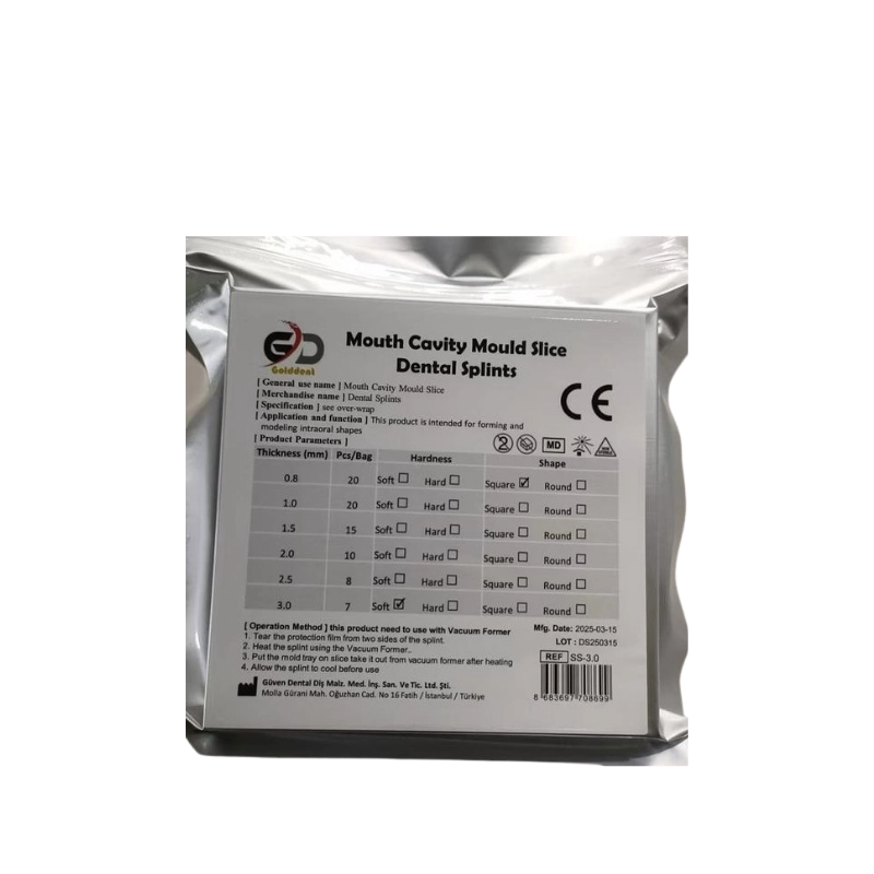 Golddent Dental Splint Yumuşak/Kare 3.0 mm ambalajı . Vakum makinesi ile ağız içi anatomilere kalıplanan, koruyucu splint ve gece plağı yapımına uygun tek kullanımlık materyal.